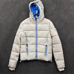 Superdry Polar Sport Womens Small Puffer Jacket Light Grey Fleece Lined Hooded - Picture 1 of 22