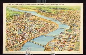 Postcard Air View Showing Five Bridges Over Willamette River Oregon OR Linen - Picture 1 of 7