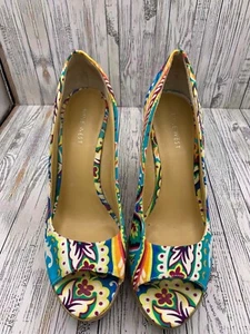 Nine West Wild Thing Bright Multi Paisley Floral Cork Wedge Peep Toe Sandals 7.5 - Picture 1 of 9
