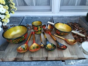 SCHÖNE Vintage russische Khokhloma 6 Holzlöffel und 4 Schalen handbemalt - Bild 1 von 12
