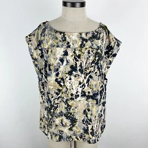 French Connection Blouse Size Large Cap Short Sleeve Gray Black Print - Picture 1 of 11