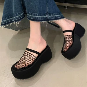 Sandalia Zapatilla Mujer Malla Punta Cerrada Hueca Tacón Alto Cuña Plataforma Verano - Imagen 1 de 9