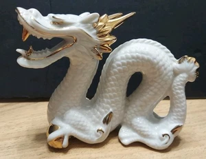 VTG Porcelain Double Horned Foo Dragon Serpent Figurine Gold Yoshimi Japan 4"T - Picture 1 of 11
