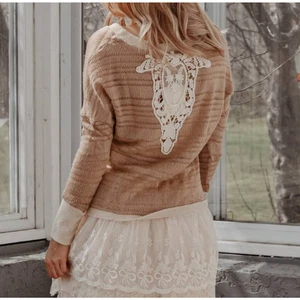 A'reve handmade crochet back lace ruffle cardigan tan cream large - Picture 1 of 6