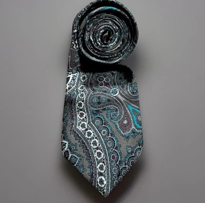 Винтажный мужской галстук OSCAR DE LA RENTA COUTURE серый бирюзовый шелковый галстук с узором пейсли - Изображение 1 из 4