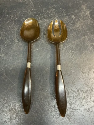 Vintage Serving Spoon And Fork Brown Mid Century Plastic 12.5in Free Shipping - Image 1 of 2