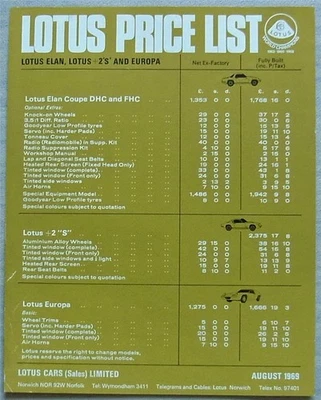 LOTUS Elan +2S Europa Car Price List Leaflet Aug 1969 — 第 1/2 张图片