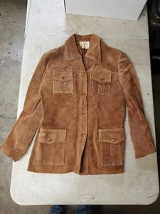 Chaqueta de Camionero De Colección Años 60 70 Cuero de Vaca Pesado Gamuza Cuero Dividido Marrón Botón a Presión - Imagen 1 de 11