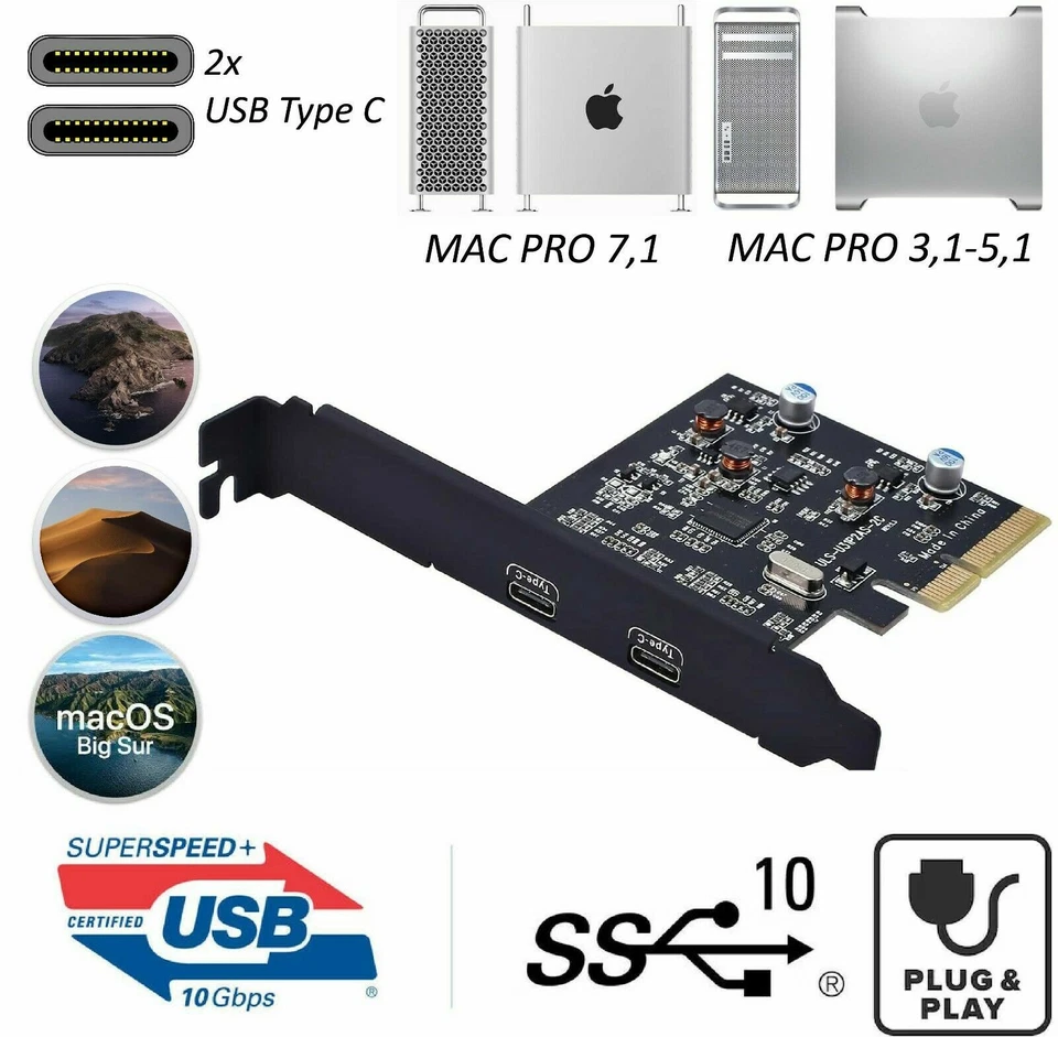 USB 3.1 GEN 2 Type C MAC PRO PCIe Card 2x - Plug and Play!! Supports 4,1 5,1 - Image 1 of 4