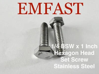 EMFAST 1/4 x 1 Inch BSW Hexagon Head Set Screw Stainless Steel A2 hex bolts screws