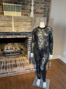 Sexy Langarm Hose Einteiler Body schwarz Netz transparente Sequenz Gr. XL - Bild 1 von 6