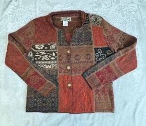 Peruvian Connection Cardigan Alpaca Wool XL Brown Orange Block Nazca Line Design - Picture 1 of 6