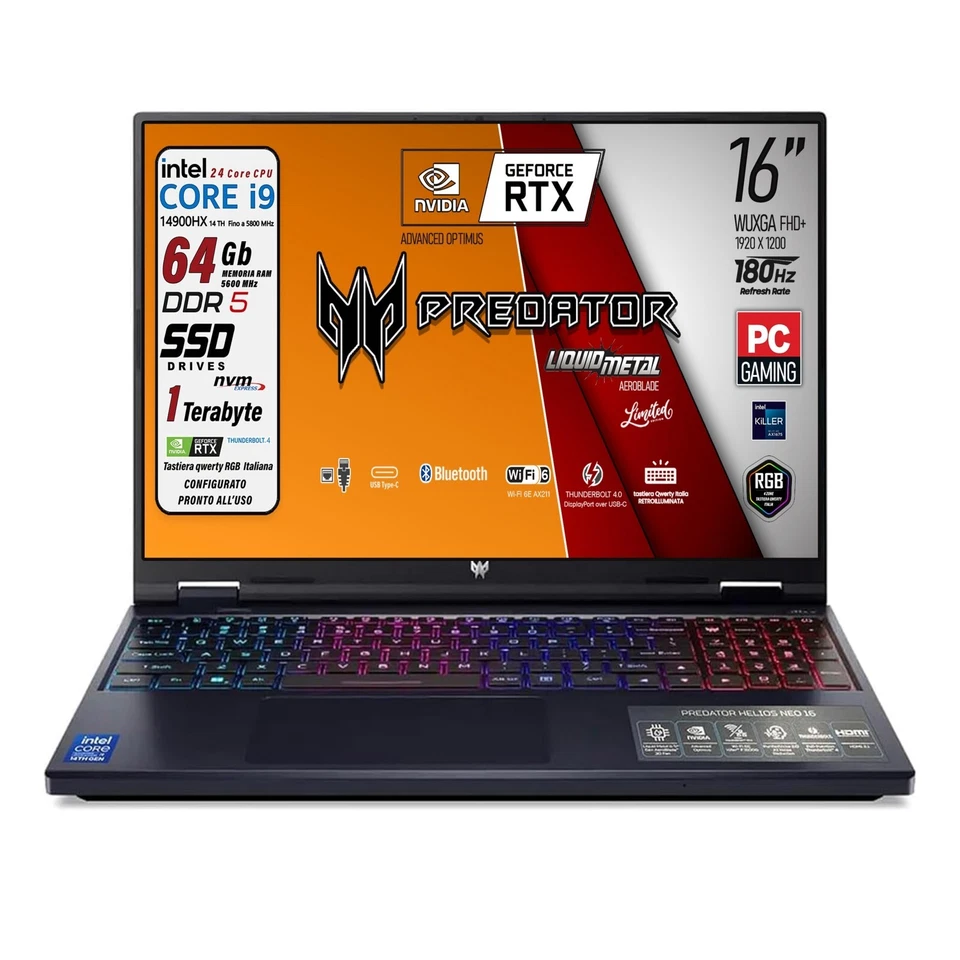 Acer Predator Neo 16" i9 14900HX SSD 1TB RAM 64GB DDR5 WUXGA 180Hz RTX 4060 8GB - Immagine 1 di 4