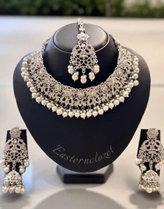 Kundan Polki Silver Choker Earrings Indian Pakistani Fashion Jewelry, Bridal Set - Picture 1 of 6