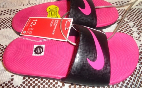 Sandali Nike Kawa neri e rosa caldo bambini 12C scivoli morbidi solari NUOVI con ETICHETTE