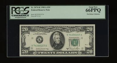 DBR 1981-A $20 FRN Dallas Gem Fr. 2074-K PCGS 66 PPQ Serial K74390157A - Image 1 of 2