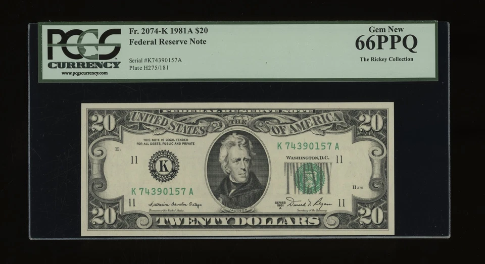 DBR 1981-A $20 FRN Dallas Gem Fr. 2074-K PCGS 66 PPQ Serial K74390157A - Image 1 of 2