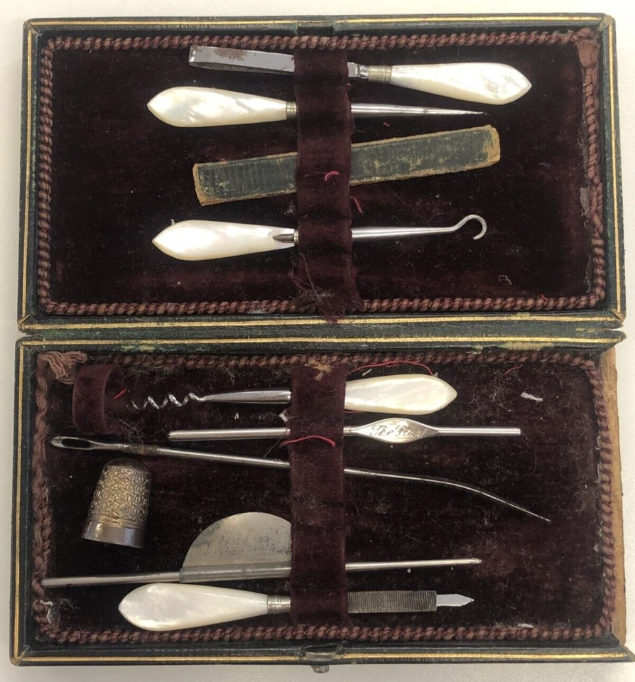 Antique Mother of pearl handle Button Hooks, manicure set with original case - Image 1 of 4