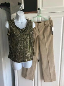 NUEVO Pantalones Larry Levine Talla 10 Pana Graff Camiseta sin Mangas Talla Mediana Petite Gold+ - Imagen 1 de 10