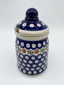 Boleslawiec Polish Pottery Lidded Sugar Bowl Honey Pot Mustard Jam Jar Blue 6” - Picture 1 of 11