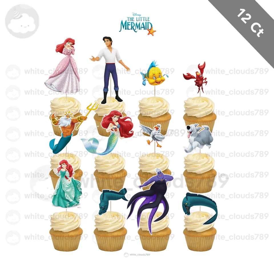 12 Disney Sirenita Cupcake Topper Ariel Comida Cumpleaños Fiesta Niña Foto 1 de 1