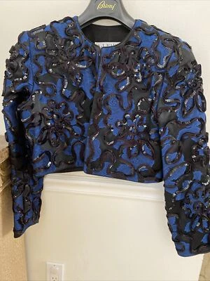 Chaqueta de Noche Bolero Recortada Vintage AJ BARI Azul Satinado Lentejuelas y Cinta Negra 8 Foto 1 de 4