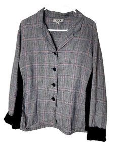 FLAX Size M Jacket 100% Linen Button Front Blazer Lagenlook Plaid - Picture 1 of 9