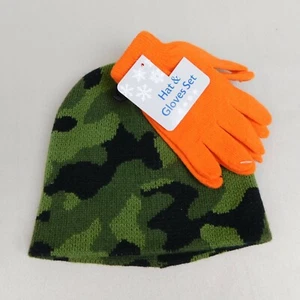 Kids Hunting Theme Knit Winter Beanie Hat & Gloves Set - Camo/Orange #8764 - Picture 1 of 2