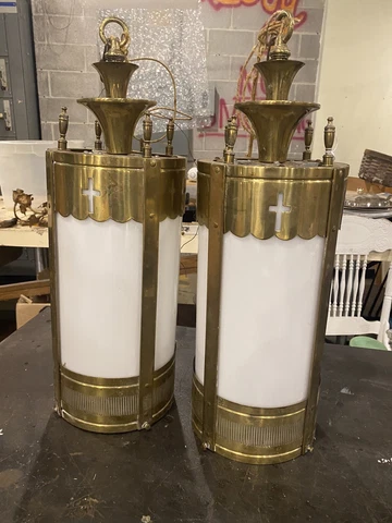 Pair Antique Church Pendant Hanging Ceiling  Light Fixtures Brass + White Cover