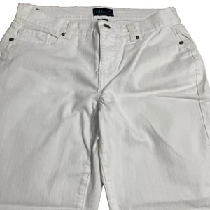Pantalones de mezclilla Ashley Judd 6 M blancos elásticos 5 bolsillos ligeramente acampanados tiro bajo logotipo - Imagen 1 de 9