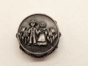 Vintage Metal Round Trinket Box of Farmer & Wife Lid is Brooch w/Earrings - Picture 1 of 20