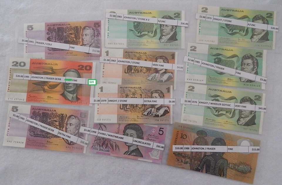BULK LOT OF AUSTRALIAN BANKNOTES $1, $2, $5, $10, $20 - image 1 of 4