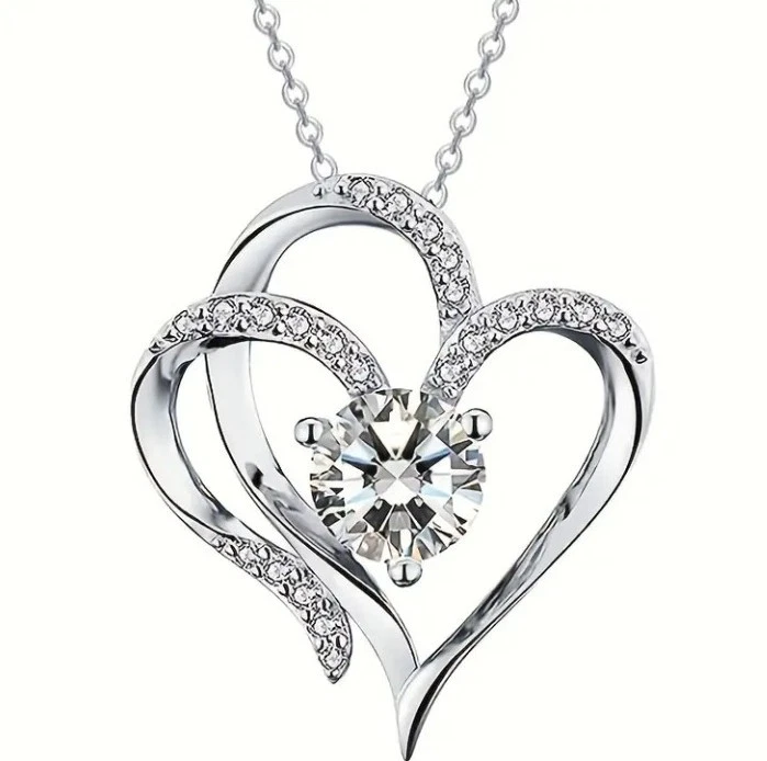 Silberne Doppelherz-Anhänger Halskette mit Funkelndem synthetischen Zirkonia   - Bild 1 von 1
