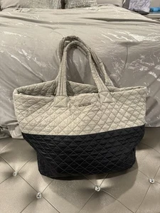 MZ Wallace Large Quilted Tote Bag Leather Trim Grey Black Colorblock - Picture 1 of 12