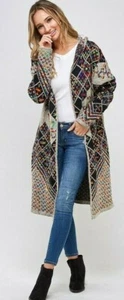 NEW ON BLUE AZTEC LONG CARDIGAN hooded SWEATER WESTERN BOHEMIAN XS-3XL rainbow - Picture 1 of 10