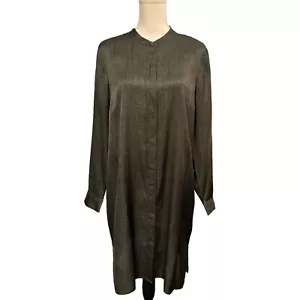 Eileen Fisher Shirt Dress Size M Midi Olive Green Silk Organic Cotton Collarless - Picture 1 of 8