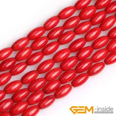 Red Coral Gemstone Olivary Rice Loose Spacer Beads For Jewelry Making Strand 15" - Image 1 of 4