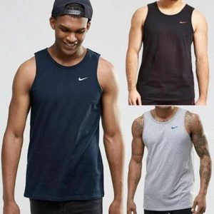 Nike Mens Vest Embroidered Grey Swoosh Athletic Gym Training Tank Summer Top - Picture 1 of 7