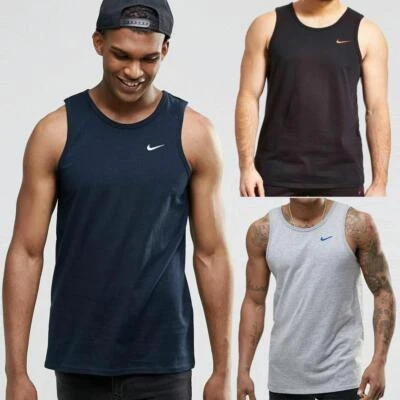 Nike Mens Vest Embroidered Grey Swoosh Athletic Gym Training Tank Summer Top
