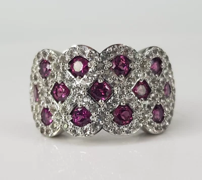 Victorian Ruby CZ Cluster Ring 925 Sterling Silver Half Eternity Band Size N - Image 1 of 4