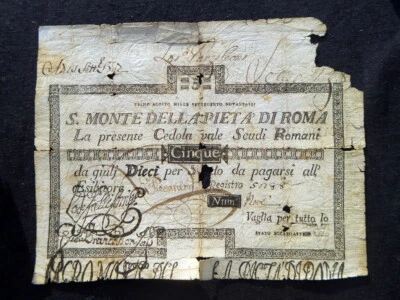 1796 VATICAN Italy RARE large Banknote Assignat 5 Scudi S. MONTE di PIETA' - Image 1 of 2