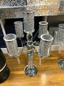 Crushed Diamond Crystal Filled 5 Candle Holder Crystal Bling Romany Candelabra