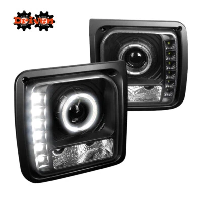 1997-2001 Jeep Cherokee Clear Lens Black Housing Projector Halo Headlights LED - Image 1 of 4
