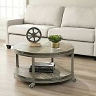 Rustic Industrial Round Coffee Table W/Shelf & Casters Wheels, Distressed Brown