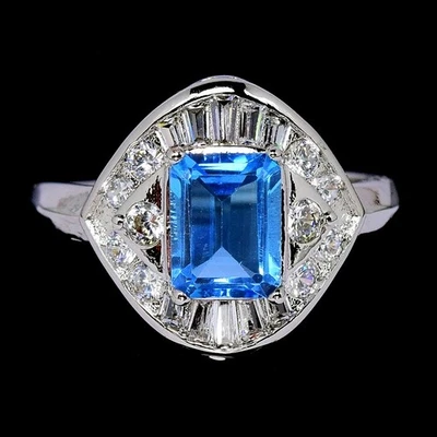 GENUINE AAA SWISS BLUE TOPAZ & WHITE CZ STERLING 925 SILVER RING SIZE 8 - Image 1 of 4