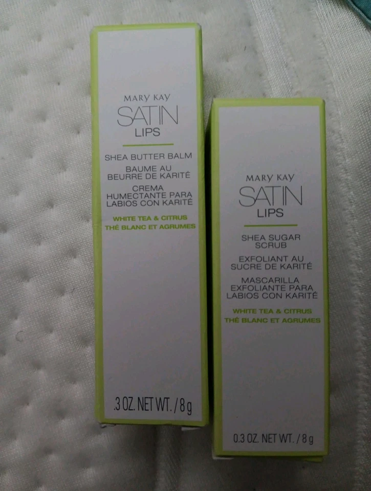 Mary Kay Labios Satinados 2 piezas BÁLSAMO DE MANTEQUILLA DE KARITÉ Y EXFOLIANTE DE AZÚCAR Té Blanco y Cítricos, NUEVO Foto 1 de 1