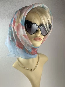 Vintage 1960s Light Blue Multi Sheer Head Scarf Machine Stitched Hem 32” - Picture 1 of 10