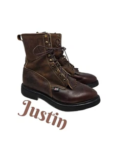 Justin Briar Herren Arbeitsstiefel Gr. 9D Braun Leder Weiche Spitze Schnürung & Haken Schnürung  - Bild 1 von 12