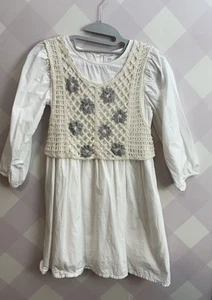 Zara Girls Long sleeves Dress White combined Poplin Dress Crochet Vest 11-12/152 - Picture 1 of 4