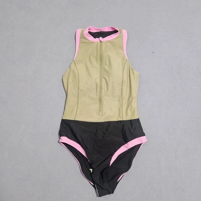 Prana One Piece Swimsuit Khaki Black Pink Zip Front Racerback Women - Image 1 of 4